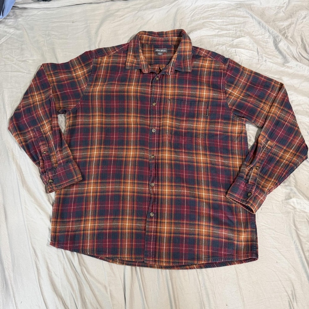 Eddie Bauer Button Up Shirt Mens XL Red Plaid Flannel Long Sleeve Casual